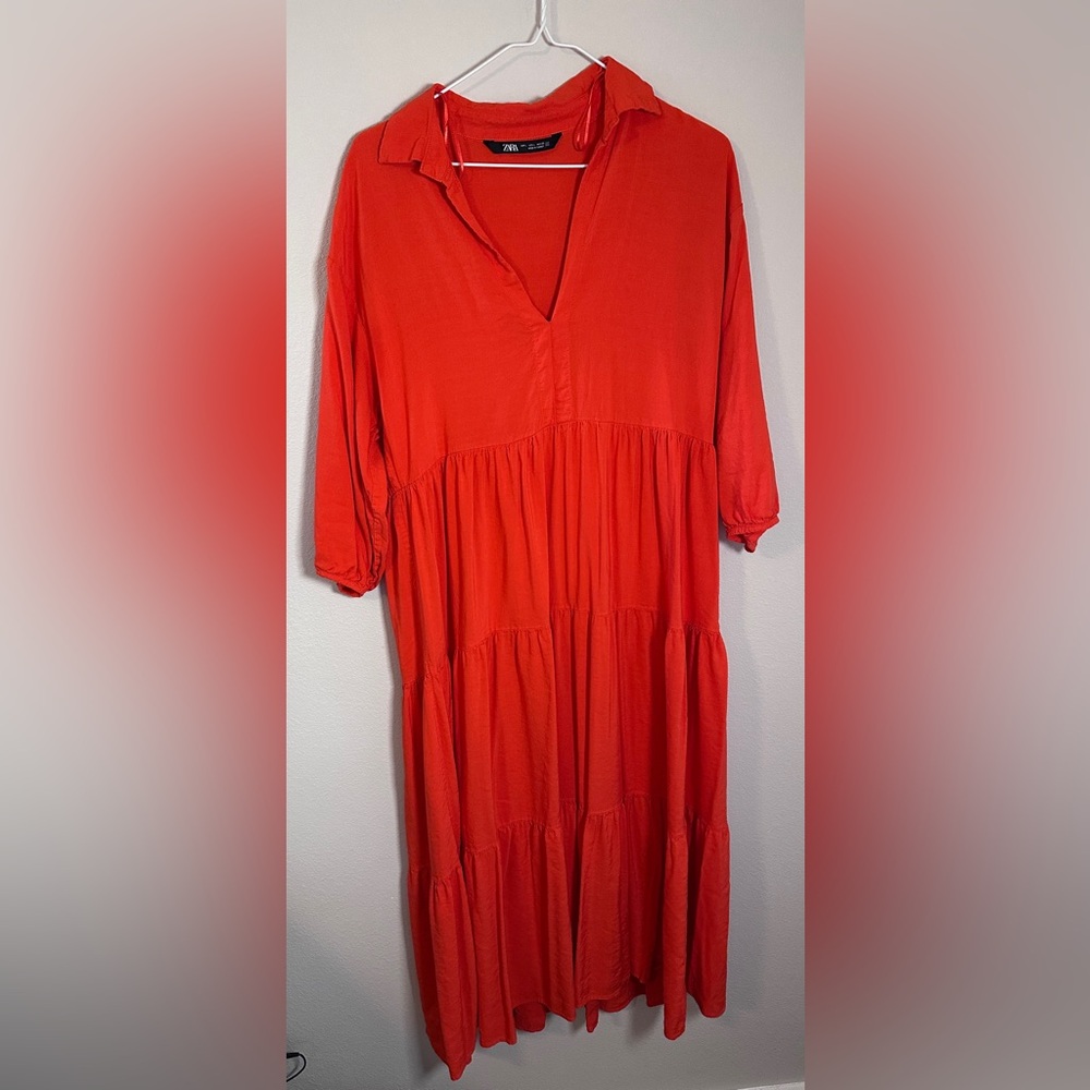 Zara Women’s Vibrant orange Tiered with sleeves Midi Dress size large - Picture 2 of 6